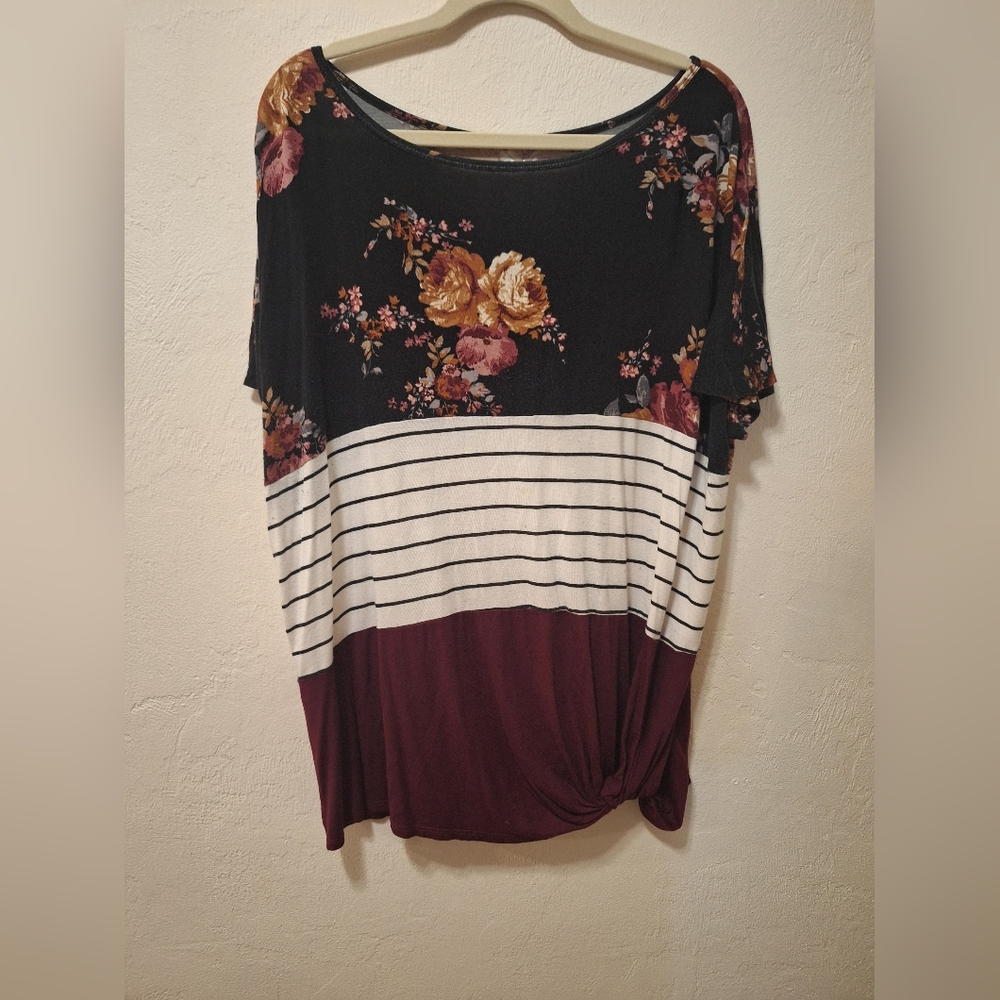 Floral Striped  Knotted Bottom Women's Top